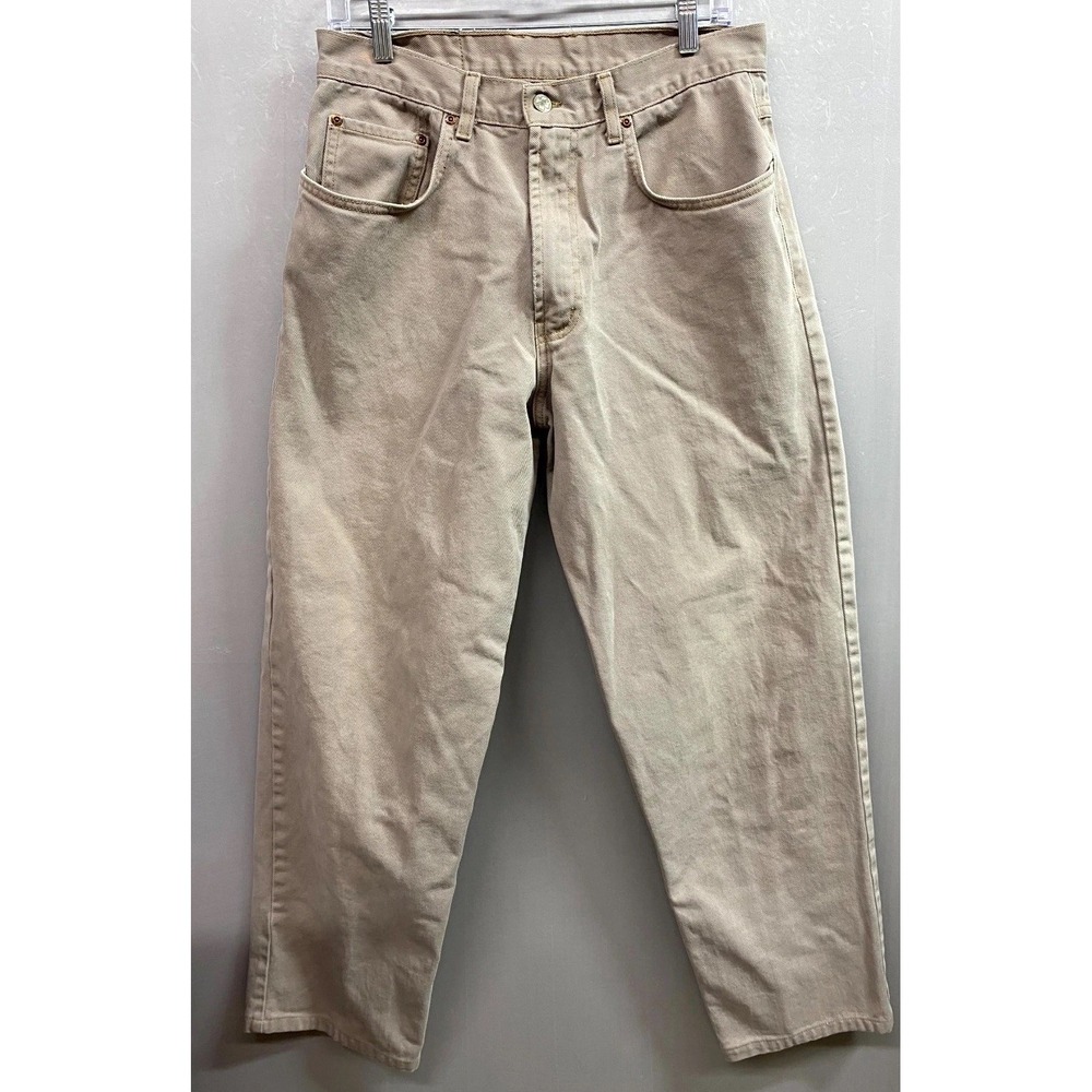 Lucky Brand Dungarees Relaxed Fit Jeans Men 33 Beige Logo Long Length Zipper Fly